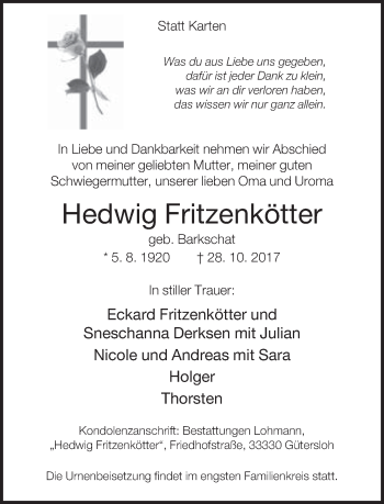 Traueranzeige von Hedwig Fritzenkötter von Neue Westfälische