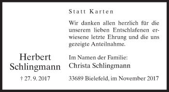Traueranzeige von Herbert Schlingmann von Neue Westfälische