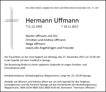 Traueranzeige von Hermann Uffmann von Neue Westfälische