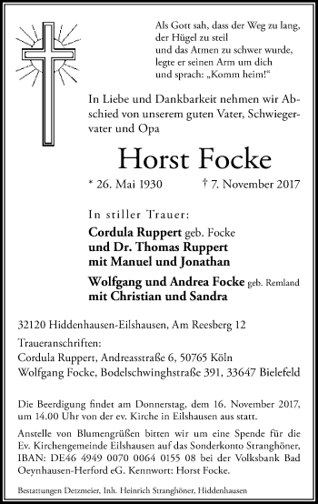 Traueranzeige von Horst Focke von Neue Westfälische