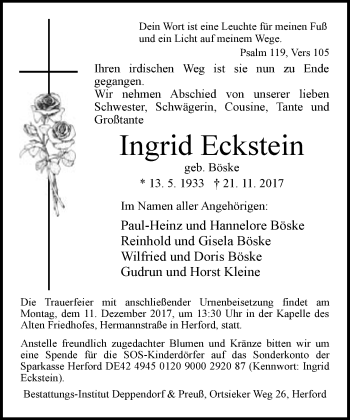 Traueranzeige von Ingrid Eckstein von Neue Westfälische