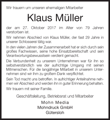 Traueranzeige von Klaus Müller von Neue Westfälische