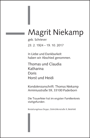 Traueranzeige von Magrit Niekamp von Neue Westfälische