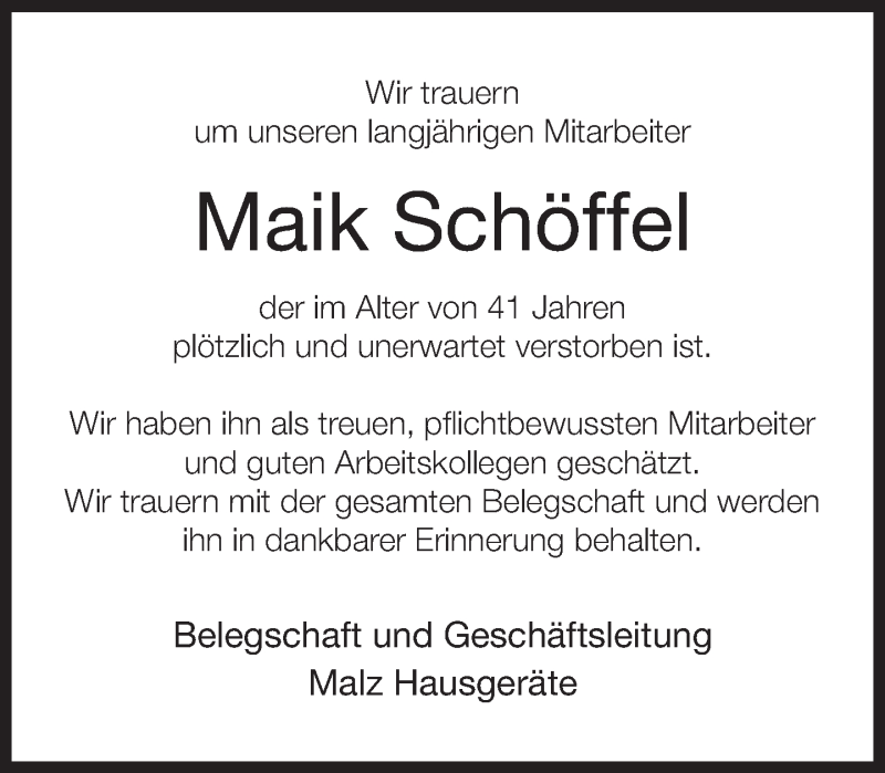  Traueranzeige für Maik Schöffel vom 25.11.2017 aus Neue Westfälische