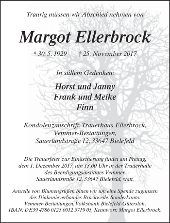 Traueranzeige von Margot Ellerbrock von Neue Westfälische