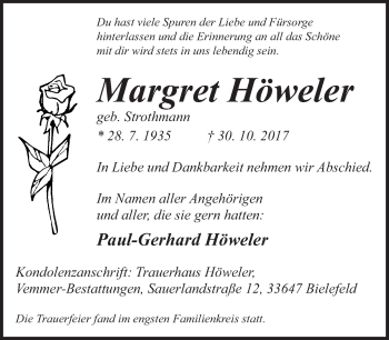 Traueranzeige von Margret Höweler