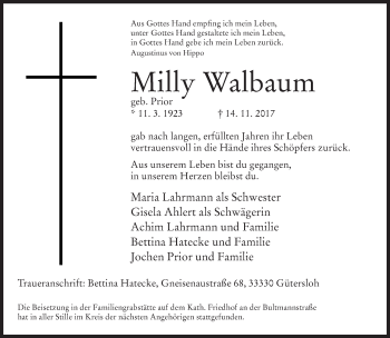 Traueranzeige von Milly Walbaum von Neue Westfälische