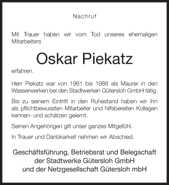Traueranzeige von Oskar Piekatz von Neue Westfälische