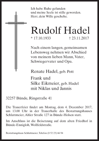 Traueranzeige von Rudolf Hadel von Neue Westfälische