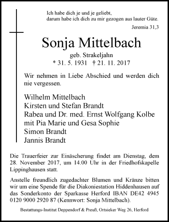 Traueranzeige von Sonja Mittelbach von Neue Westfälische