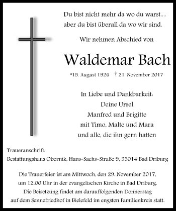 Traueranzeige von Waldemar Bach von Neue Westfälische