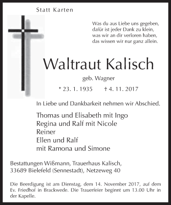Traueranzeige von Waltraut Kalisch von Neue Westfälische
