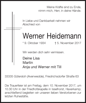 Traueranzeige von Werner Heidemann von Neue Westfälische