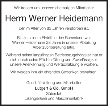 Traueranzeige von Werner Heidemann von Neue Westfälische