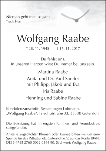 Traueranzeige von Wolfgang Raabe von Neue Westfälische