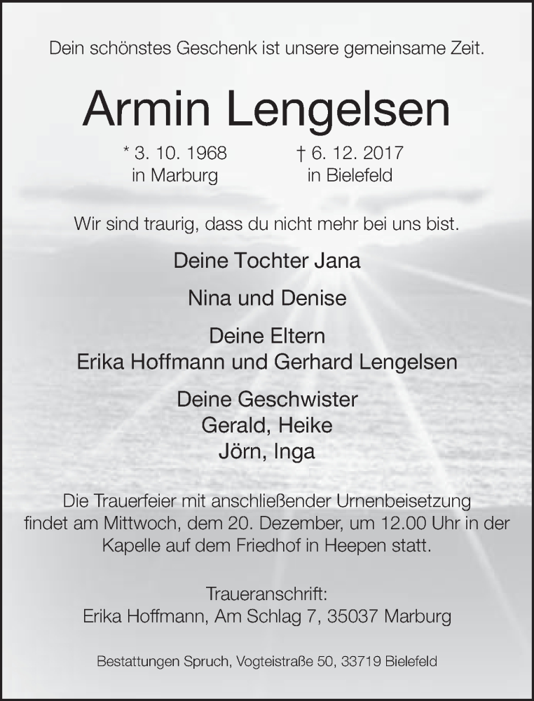  Traueranzeige für Armin Lengelsen vom 16.12.2017 aus Neue Westfälische
