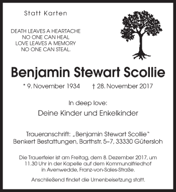 Traueranzeige von Benjamin Stewart Scollie von Neue Westfälische