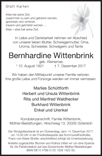 Traueranzeige von Bernhardine Wittenbrink von Neue Westfälische