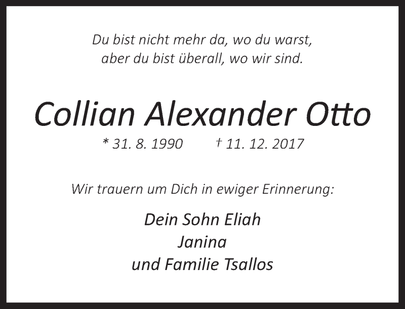  Traueranzeige für Collian Alexander Otto vom 16.12.2017 aus Neue Westfälische