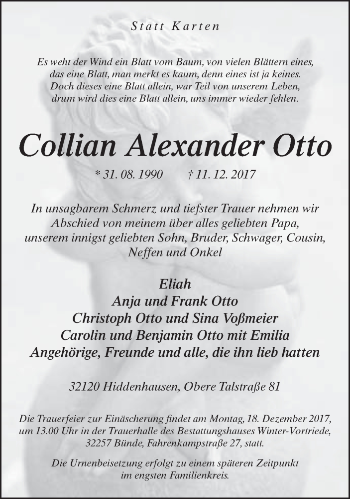  Traueranzeige für Collian Alexander Otto vom 14.12.2017 aus Neue Westfälische