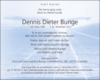 Traueranzeige von Dennis Dieter Bunge von Neue Westfälische