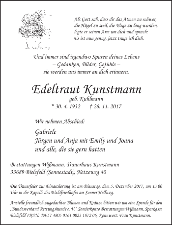 Traueranzeige von Edeltraut Kunstmann von Neue Westfälische