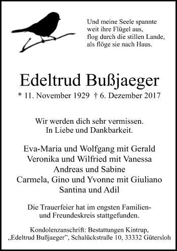 Traueranzeige von Edeltrud Bußjaeger von Neue Westfälische