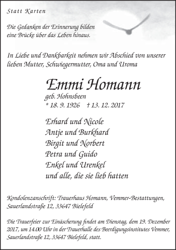 Traueranzeige von Emmi Homann von Neue Westfälische