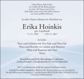 Traueranzeige von Erika Hoinkis von Neue Westfälische