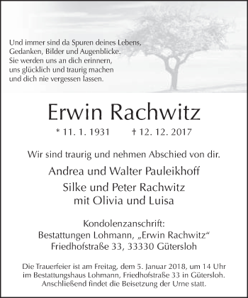 Traueranzeige von Erwin Rachwitz von Neue Westfälische
