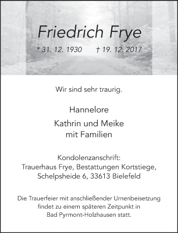 Traueranzeige von Friedrich Frye von Neue Westfälische