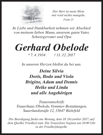 Traueranzeige von Gerhard Obelode von Neue Westfälische