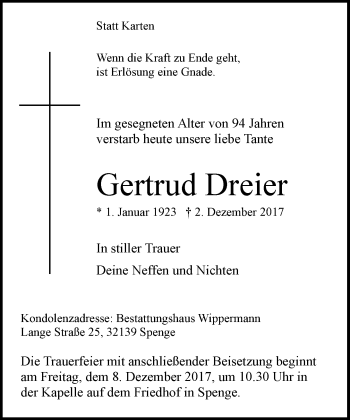 Traueranzeige von Gertrud Dreier von Neue Westfälische