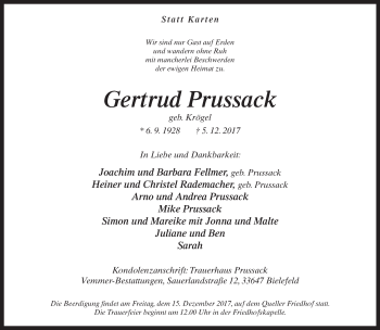 Traueranzeige von Gertrud Prussack von Neue Westfälische