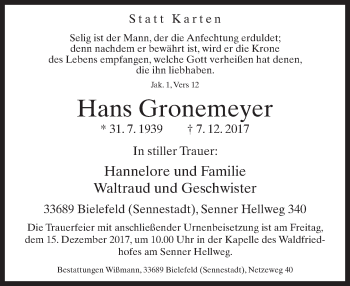 Traueranzeige von Hans Gronemeyer von Neue Westfälische