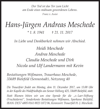 Traueranzeige von Hans Jürgen Andreas Meschede von Neue Westfälische