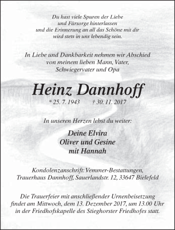Traueranzeige von Heinz Dannhoff von Neue Westfälische