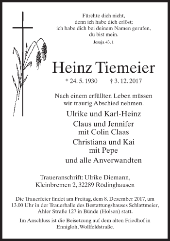 Traueranzeige von Heinz Tiemeier von Neue Westfälische
