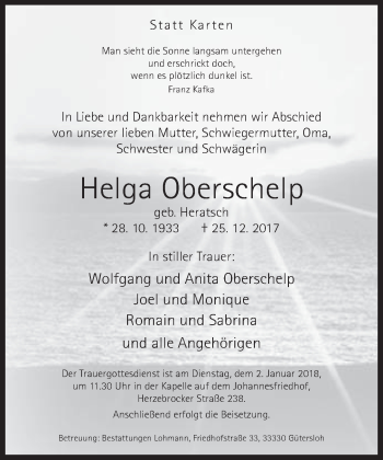 Traueranzeige von Helga Oberschelp von Neue Westfälische
