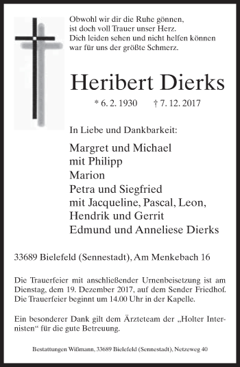 Traueranzeige von Heribert Dierks von Neue Westfälische
