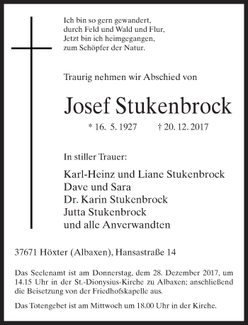 Traueranzeige von Josef Stukenbrock von Neue Westfälische