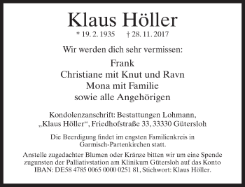 Traueranzeige von Klaus Höller von Neue Westfälische