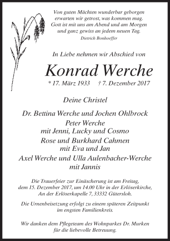 Traueranzeige von Konrad Werche von Neue Westfälische