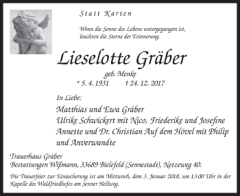 Traueranzeige von Lieselotte Gräber von Neue Westfälische