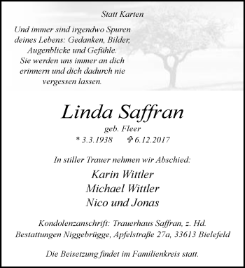 Traueranzeige von Linda Saffran von Neue Westfälische