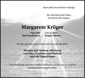 Traueranzeige von Margarete Kröger von Neue Westfälische