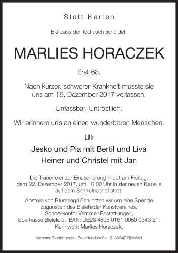 Traueranzeige von Marlies Horaczek von Neue Westfälische