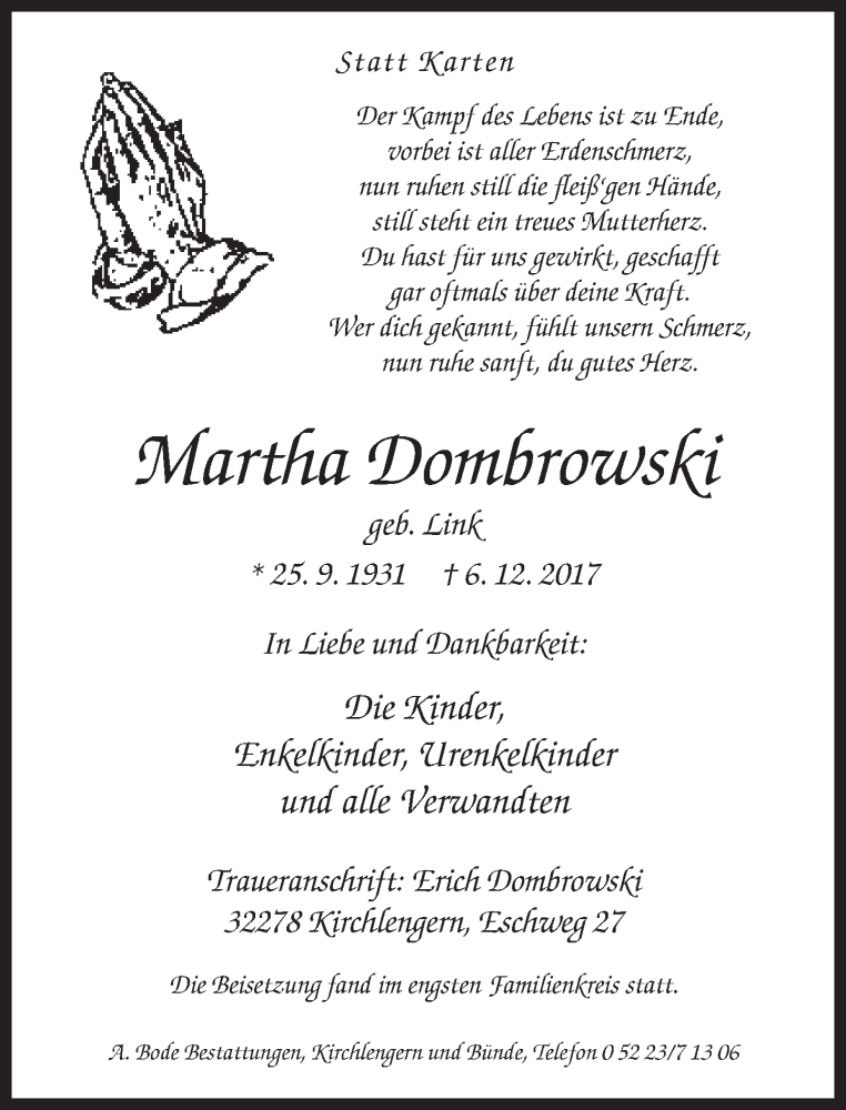  Traueranzeige für Martha Dombrowski vom 16.12.2017 aus Neue Westfälische