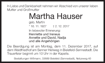 Traueranzeige von Martha Hauser von Neue Westfälische