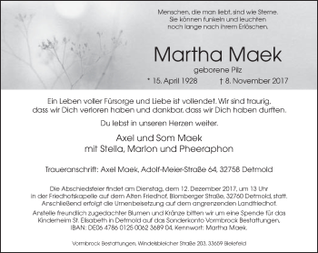 Traueranzeige von Martha Maek von Neue Westfälische